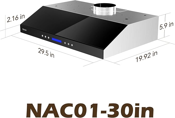 EKON 30 Black New inches Under Cabinet Range Hood, 900 CFM Stainless Steel Kitchen Chimney Vent, 4 Speed Touch Screen Control With Remote 2Pcs 3W LED lights Dishwasher-safe Filters Fan Timer