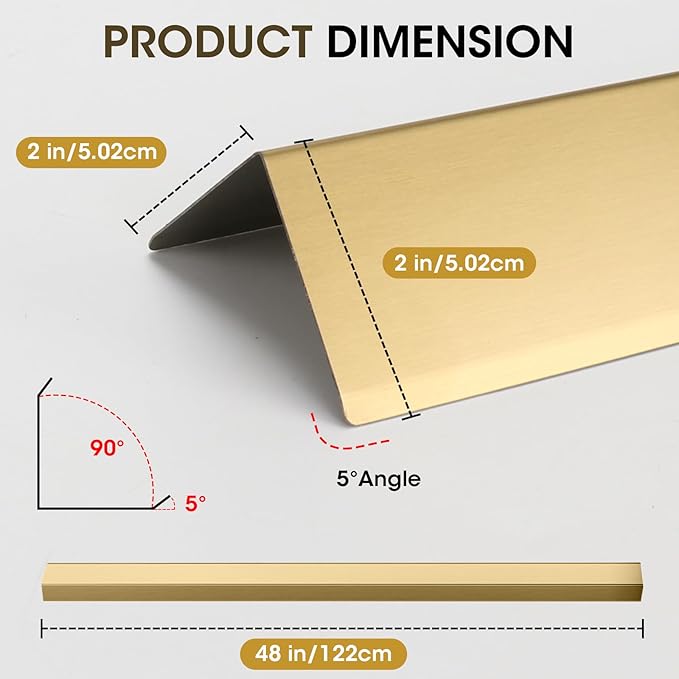 Stainless Steel Wall Corner Guards, 2 x 2 x 48 inches (Golden 10 Pcs Pack). Made of 304 Steel, These 90-Degree Angle Metal Corner Protectors are Designed for Wall Protection and Decoration