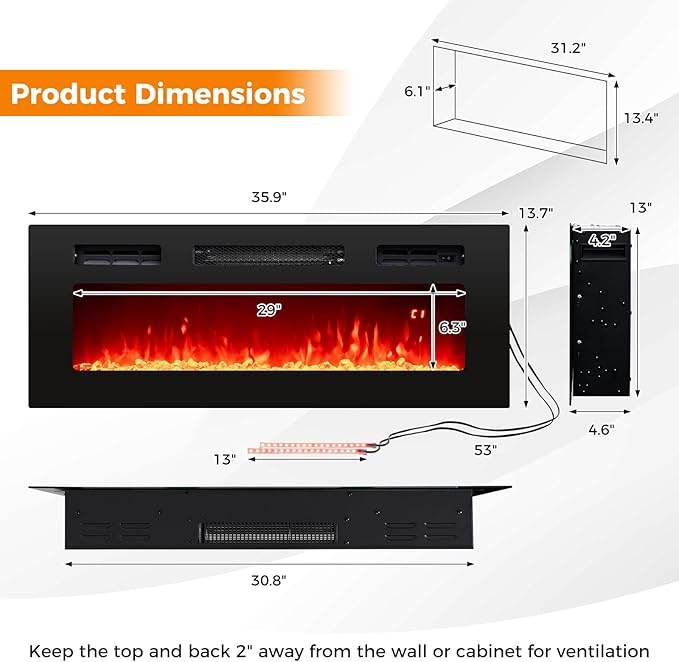 Tangkula 36 Inches Electric Fireplace, 5,000 BTU Fireplace Insert with LED Light Strips, Remote, Crystal Stones & Adjustable Flame Effect, 1-8H Timer, Thermostat & Overheat Protection