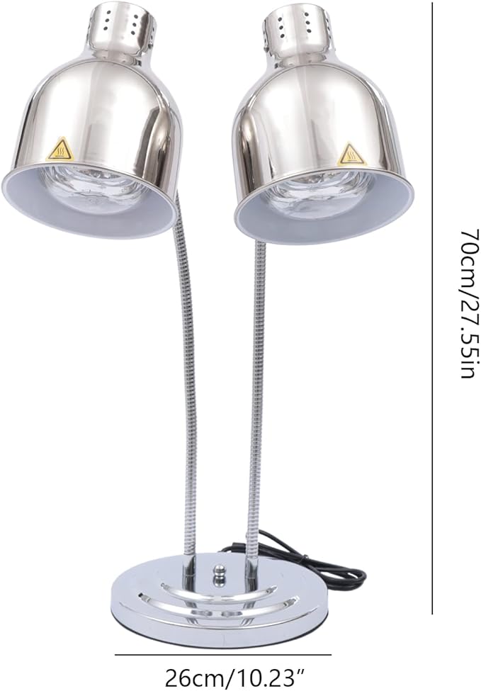 Food Heat Lamp Warmer Silver, 500W Double Bulbs Buffet Display Heating Preservation Light, Electric Portable Infrared Heating Lamp with 360°Adjustable Head (Silver Style2)