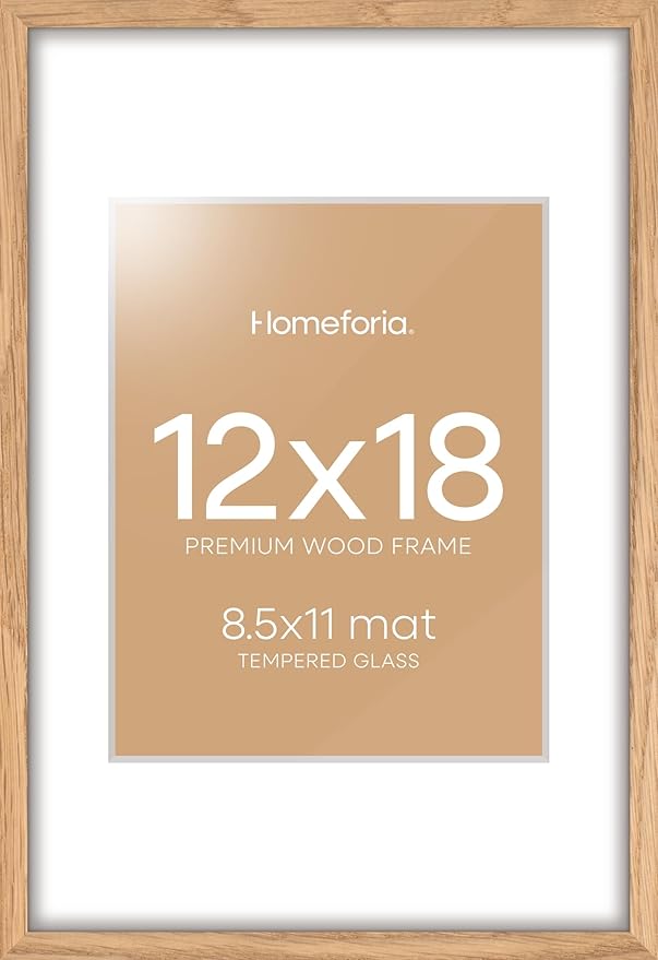 Homeforia 12x17 Picture Frame Natural Wood, High End Oak 12x17 Light Wooden Poster Frame with Mat 10x15, 12 x 17 Frames Matted to 10 x 15 Photo, 17x12 Hanging Frame, Tempered Glass, Wall Kit, Set of 1