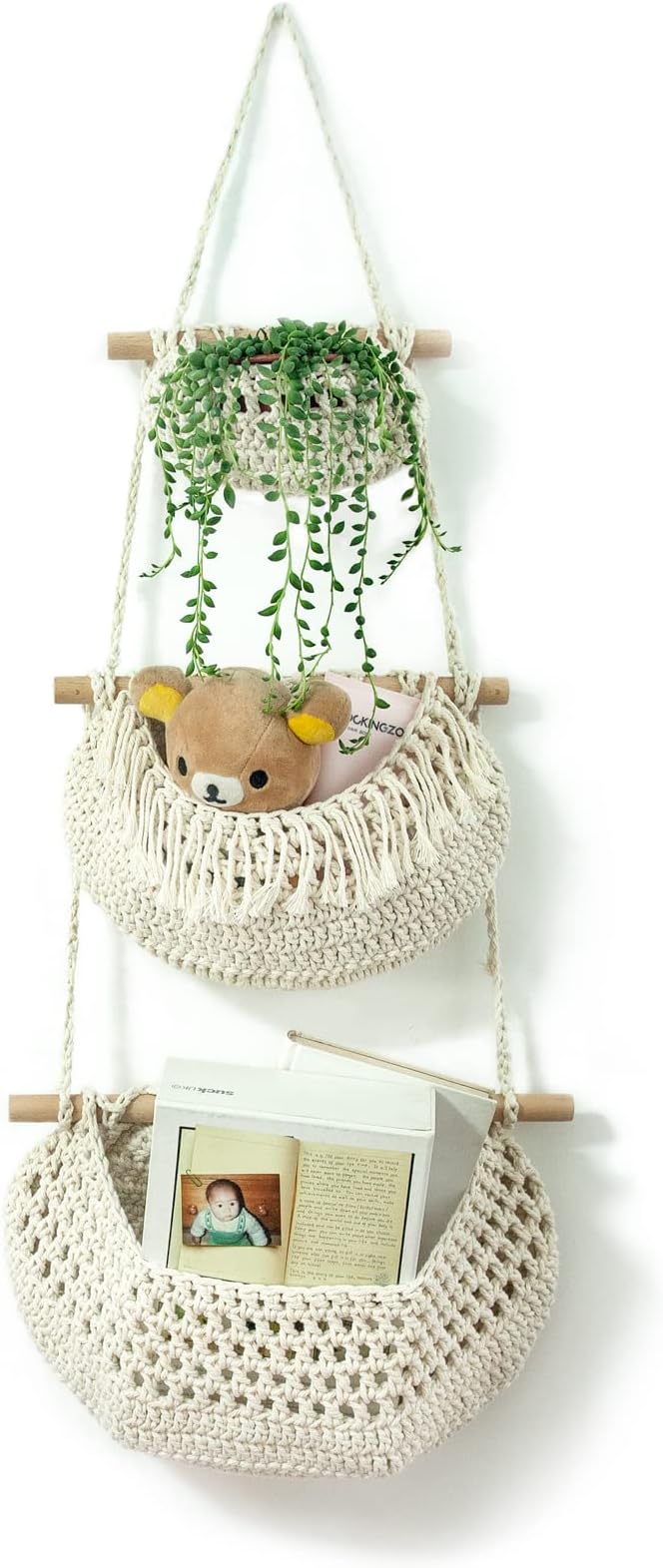 3 Tier Hanging Fruit Baskets for Kitchen, Handmade Cotton Organizer by horpait