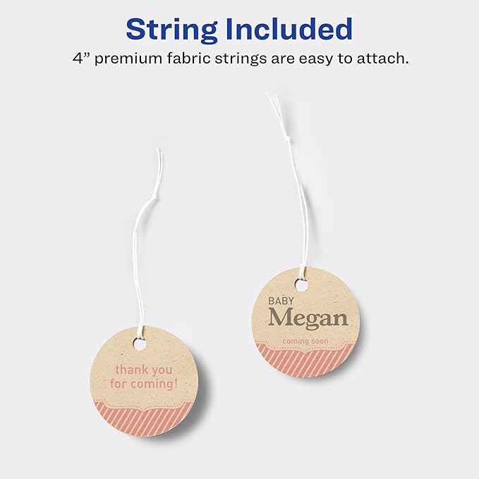 Avery Kraft Brown Round Tags, Sure Feed Technology, 2" Diameter, Printable on Both Sides, Includes Strings, 96 Total (80515)