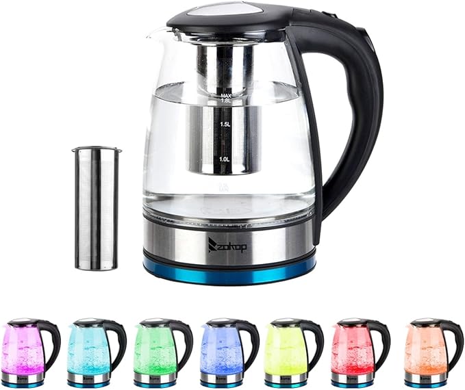 Electric Kettle, 1.8L Glass Teapot with Removable Tea Infuser - No Plastic Contact, 7-Color LED Light & Mesh Filter, 1200W Fast Boiling for Tea, Coffee, Hot Cereal (110V, Black)