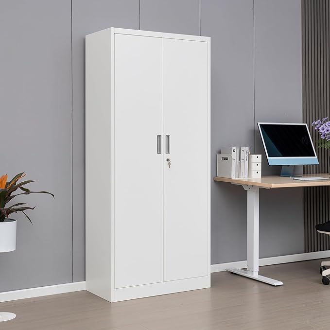 BESFUR Metal Storage Cabinets with Locking Doors and Adjustable Shelves, 71" H Steel Storage Cabinet for Garage, Office, Classroom - White