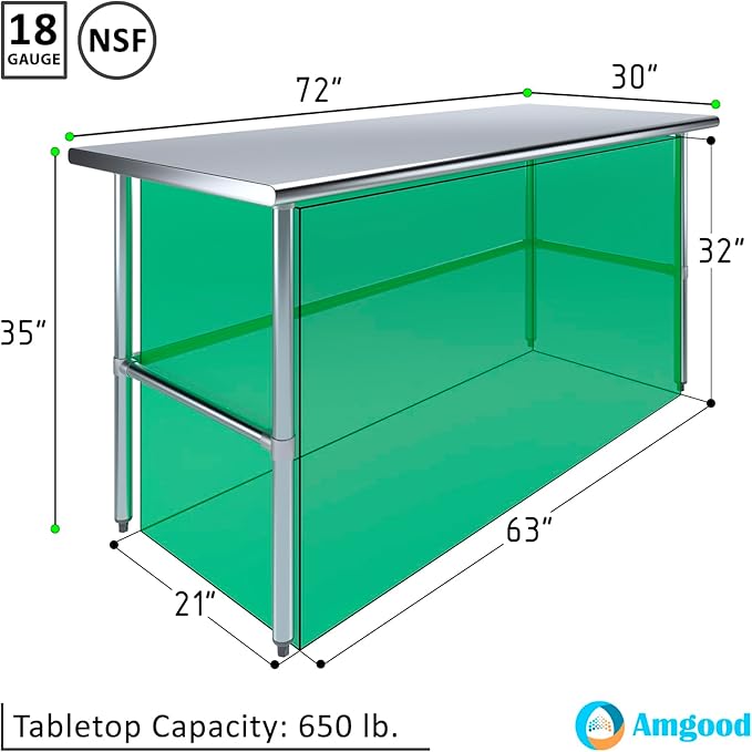 AmGood Stainless Steel Work Table Open Base | NSF Kitchen Island Food Prep | Laundry Garage Utility Bench (72" Long X 30" Deep)