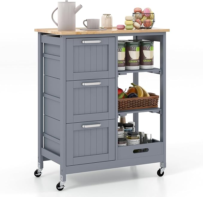 Giantex Kitchen Island Cart on Wheels, Rolling Utility Cart w/Rubber Wood Top, 3 Storage Drawers & 2 Removable Shelves & Removable Tray, Lockable Casters, Serving Cart for Dining Room, Bar, Grey