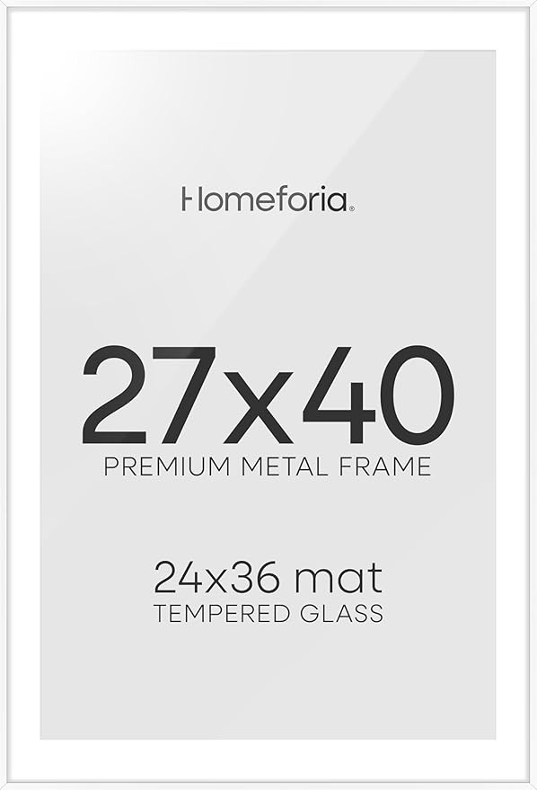 Homeforia 27x40 inch Poster Frame White, High End Metal 27 x 40 Large Movie Picture Frames with Mat 24 by 36 in Photo, 27x40 Thin Frame Matted to 24x36, 40x27 Frame, Tempered Glass, Wall Kit, Set of 1