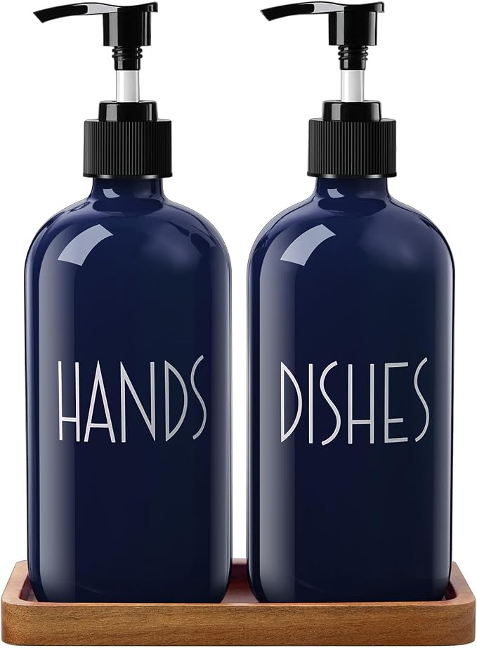 Navy Blue Dish Soap Dispenser for Kitchen - 16 OZ Hand Soap Dispenser Set - by ALELION