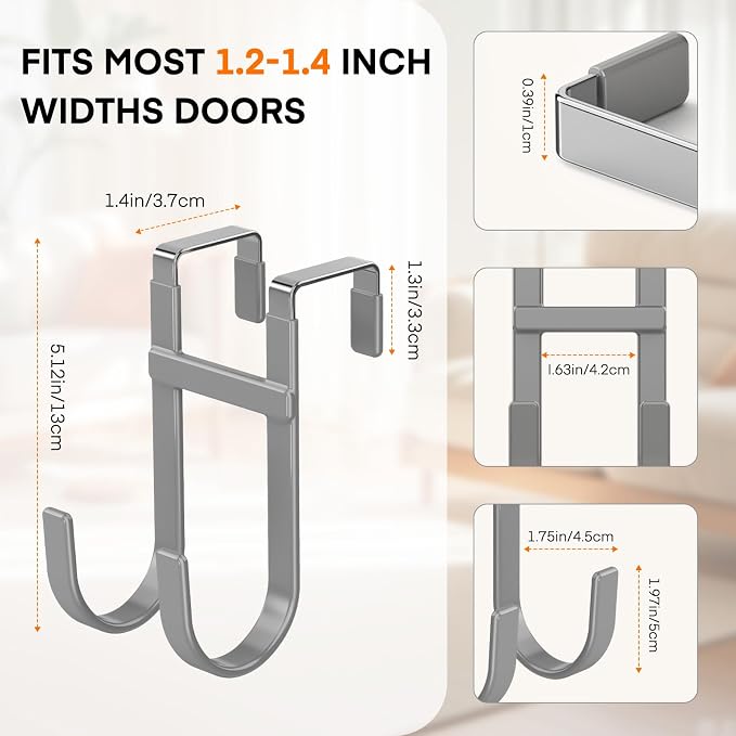 FYY Over the Door Hooks, Double-Hanger 2 Pack, Fits Doors 1 3/8" Grey | Heavy - Image 2