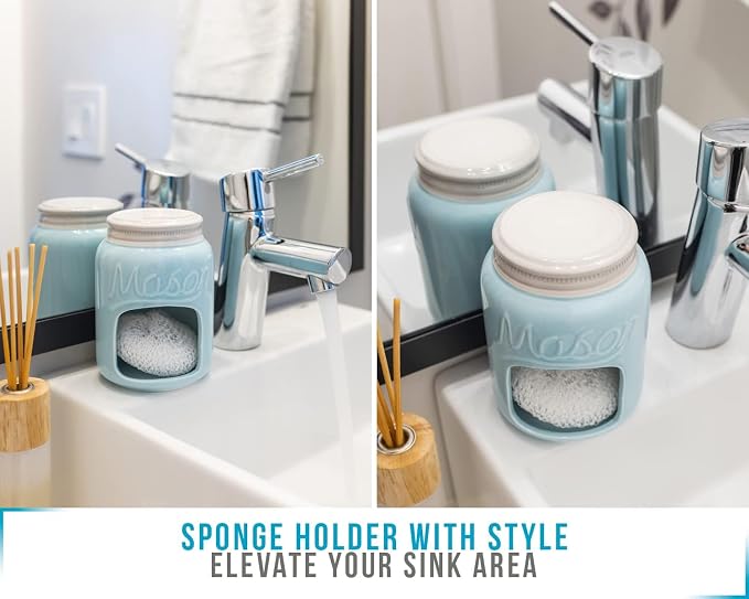 Comfify Aqua Blue Mason Jar Ceramic Sponge Holder – Farmhouse Sink Caddy - Image 6