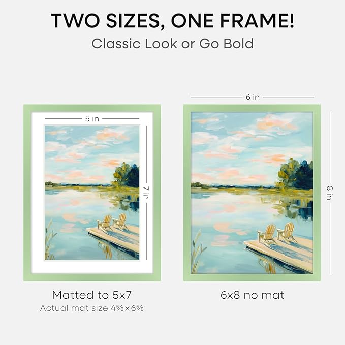 Homeforia Sage Green 6x8 Picture Frame, High End Metal 6 x 8 Frames with Mat 5 x 7 for Photo, 6by8 Desk Frame Matted to 5x7 inch Art, 6 by 8 Wall or Tabletop Frames, Tempered Glass, Wall Kit, Set of 1