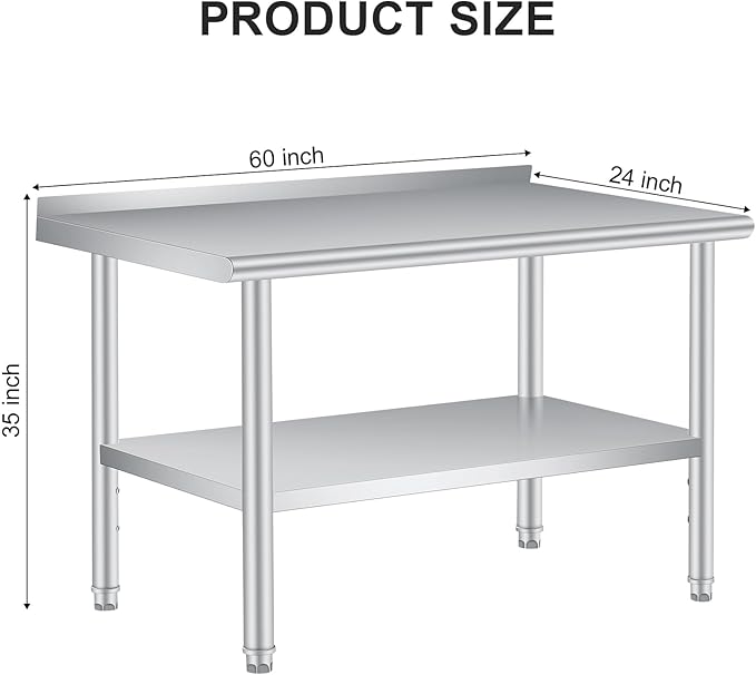 Stainless Steel Prep Table, 60 x 24 in, with Backsplash, Adjustable Undershelf, Commercial Heavy Duty Table with Adjustable Under Shelf for Outdoor Use,Restaurants,Hotels,Works