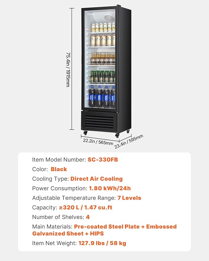 VEVOR Commercial Merchandiser Refrigerator, 11.47 CU.FT Glass Door Display Refrigerator, Upright Beverage Refrigerator Cooler Merchandiser with 4 Adjustable Shelves, Casters, Soft LED Light, Black