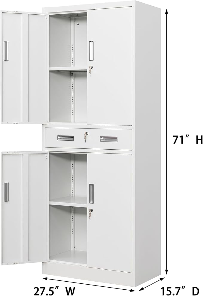 CJF Metal Storage Cabinet with Drawer and Adjustable Shelves, 71" H Locking Storage Cabinet for Pantry Kitchen, Home, Office, Garage, Living Dining Room (White)
