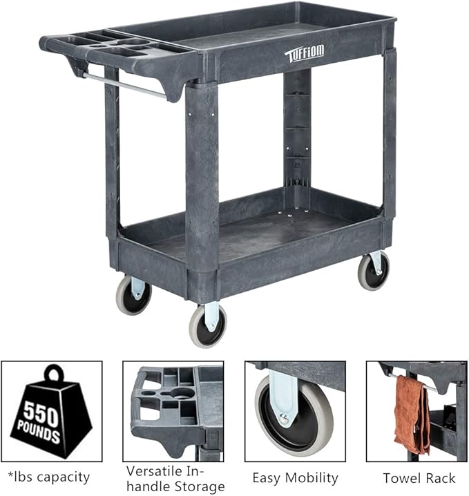 TUFFIOM Plastic Service Utility Cart with Wheels,550lbs Capacity,Heavy Duty Tub Storage Cart W/Deep Shelves, Multipurpose Rolling 2-Tier Mobile Storage Organizer, for Warehouse Garage Industrial Cart