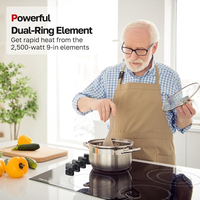 ThermoMate 30 Inch Electric Cooktop 4 Burners ETL Certified, Knob Control Built-in Radiant Electric Stove Top, Schott Glass Panel, 7300W, 9 Heating Level, Chlid Lock & Timer, 240V