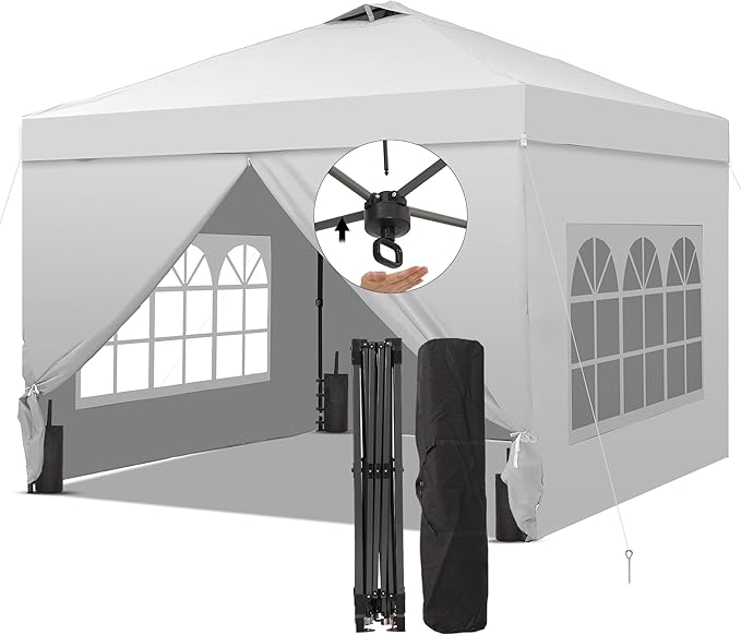Saemoza 10x10 Pop Up Canopy Tent with One Push Setup, Portable Sun Shade Tent, Instant Easy Up Canopy with 4-Sidewalls & Handbag, Outdoor Fldable Gazebo with Vent Top, White.