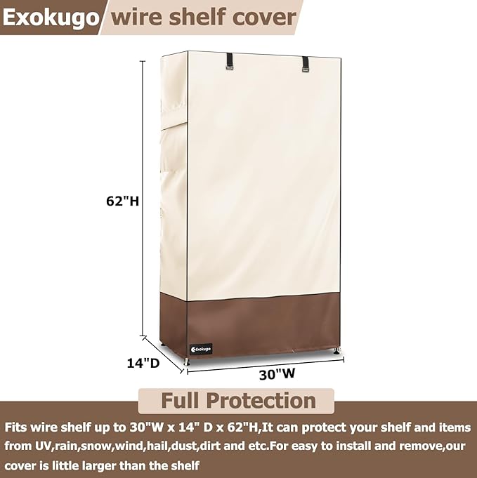 Wire Shelf Cover,600D Heavy Duty 100% Waterproof Shelf Covers for Wire Shelving,Outdoor Storage Shelves Cover for Metal Rack,30" W x 14" D x 62" H,Beige & Brown