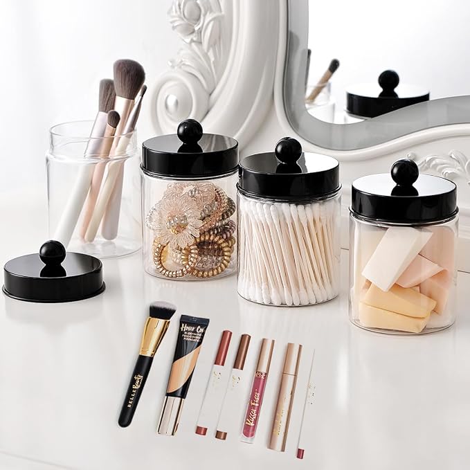 Amolliar Acrylic Apothecary Jar Bathroom Qtip Holder Black 4 Pack - Image 4