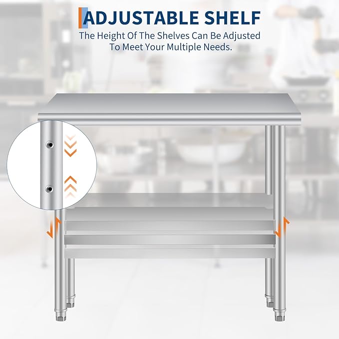  Stainless Steel Prep Table, 24 x 48 Inches Heavy Duty Commercial , with Rounded-Corner, Adjustable Undershelf and 4 Caster Wheels, Heavy Duty Work Table with Adjustable Under Shelf for Outdoor, Res