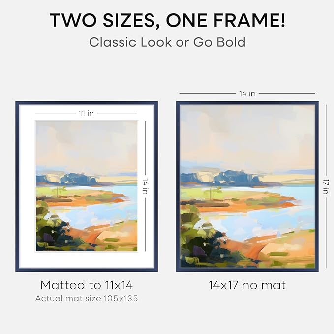 Homeforia 14x17 Picture Frame Navy Blue, High End Metal 14x17 Poster Frames with Mat 11x14 inch Photo, 14 x 17 Navy Blue Frame Matted to 11 by 14 Print, 17x14 Frame, Tempered Glass, Wall Kit, Set of 1