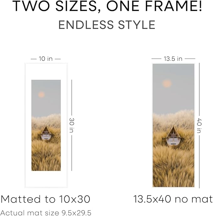 Homeforia 13.5x40 Panoramic Frame White, High End Metal 13.5x40 Picture Frames with Mat 10x30 Photo, 13.5 x 40 Poster Frames Matted to 10 by 30 Print, 40x13.5 Frames, Tempered Glass, Wall Kit, Set of 1