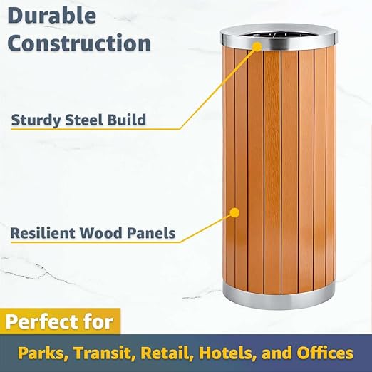 13.5 Gallon Round Outdoor Trash Can with Open Top - Commercial Steel and Wood Composite Decorative Waste Bin with Galvanized Liner - Garbage Container for Parks, Retail Stores, Public Transit Areas