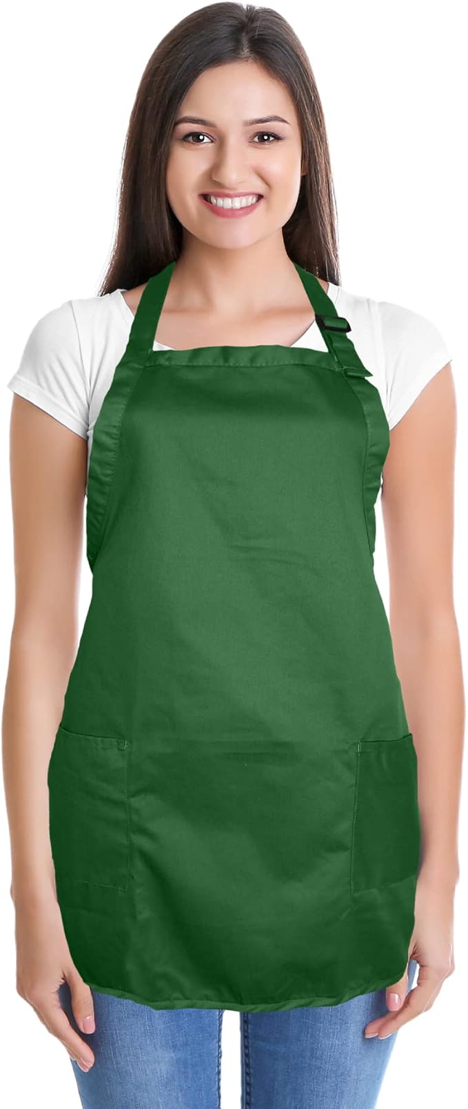 Apron Commercial Restaurant Home Bib Spun Poly Cotton Kitchen Aprons (2 Pockets) in Dark Green