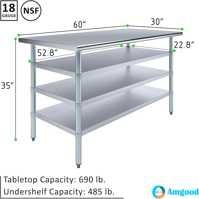 30 in. x 60 in. Stainless Steel Work Table with Three Bottom Shelves | NSF Kitchen Prep Table | Utitly Metal Table