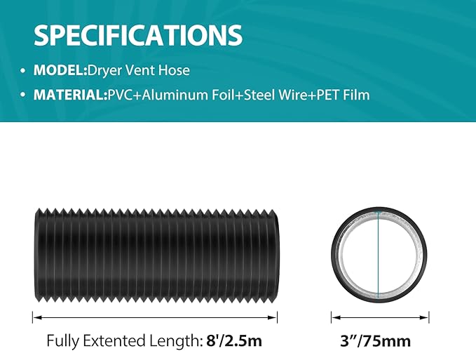 HG Power 3 Inch Air Ducting, 8 Feet Flexible Aluminum Dryer Vent Hose, Three Layer Protection Dryer Hose with 2 Clamps for HVAC Ventilation Heating Cooling Exhaust