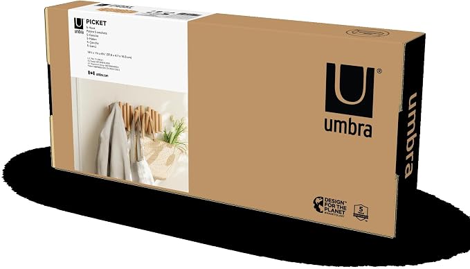 Umbra Picket Coat Rack, Wall Mount 5 Flip-Down Coat Hooks, Natural | Beveled - Image 8