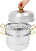 Steamer 32cm/12.6in, 3-tier Stainless Steel Steam Cooker w/Visual Lid & Golden Handles, Home Round Stackable Multipurpose Steam Pot for All Stoves (1xBottom Pot, 1xSteaming Basket, 2xSteaming Slices)