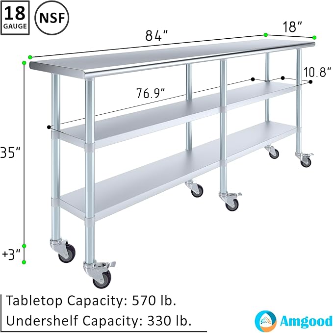AmGood Stainless Steel Work Table with 2 Shelves and Casters | Metal Utility Table On Wheels (Stainless Steel Work Table with 2 Shelves + Casters, 84" Long x 18" Deep)