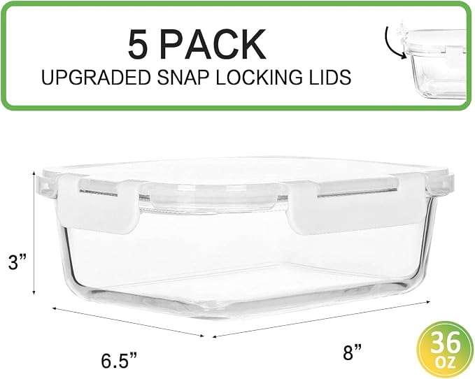 M MCIRCO 5 Pack 36 oz Glass Food Storage Containers - Image 2