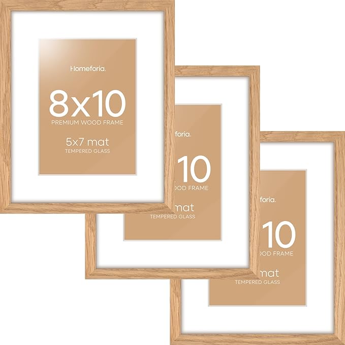 Homeforia 8 x 10 Wood Picture Frame, High End Natural Oak 8x10 Light Wooden Frames with Mat 5x7 inch Photo, 8 x 10 Frame Matted to 5 x 7 Art, Wall or Tabletop Frame, Tempered Glass, Wall Kit, Set of 3