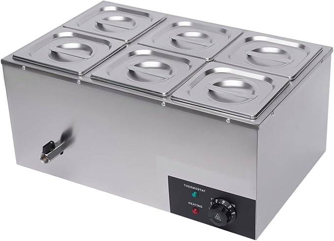 Countertop Steam Table Food Warmer Stainless Steel Commercial Buffet Warmer 6-Pan 600W Portable Electric Food Warmer Steam Table 19.2Qt(18L) for Restaurants, Catering, Buffets