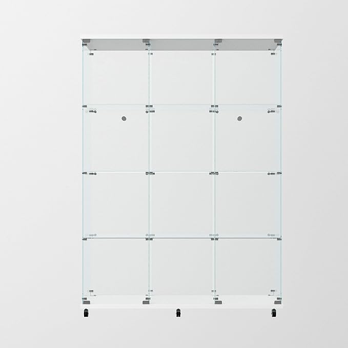Glass Display Cabinet with LED Light Strip, 12 Shelves 3 Column 2 Doors, Large Curio Storage Cabinets with Lock & Caster for Living Room, Office, Floor Standing Glass Bookshelf - White