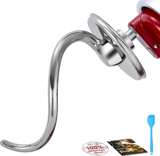 Premium 316 Stainless Steel Spiral Dough Hook Attachment for Kitchenaid all 5Plus QT Bowl-Lift Stand Mixers, Dishwasher Safe, Rustproof & Heavy-Duty, Kneads Perfectly Dough Master, Spatula & Recipe