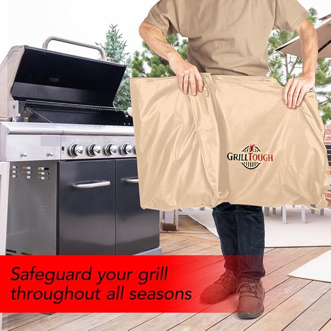 Heavy Duty BBQ Grill Cover for Outdoor Grill, 64 Inch – Waterproof, Weather Resistant, UV & Fade Resistant with Adjustable Straps – Gas Grill Cover for Weber, Genesis, Charbroil, etc. Tan