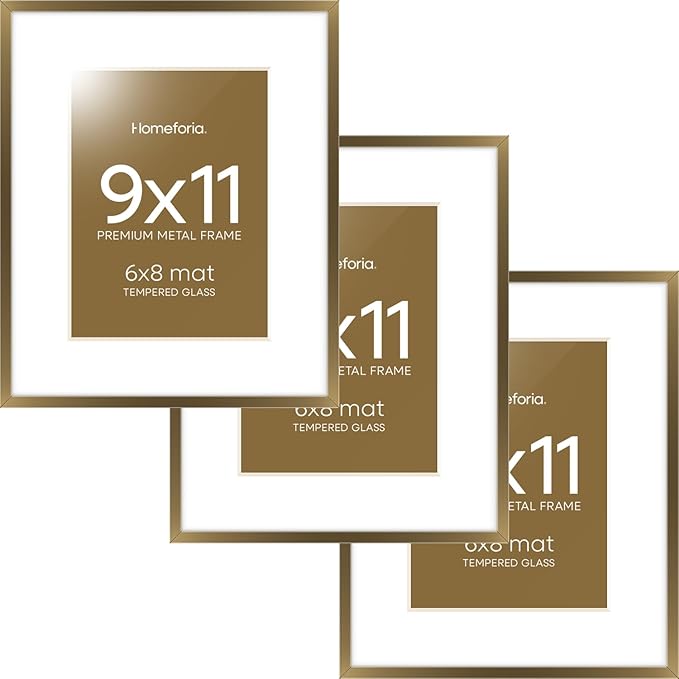 Homeforia 9x11 Frame Bronze, High End Metal 9 x 11 Brass Picture Frames with Mat for 6 by 8 in Photo, 9by11 Poster Frame Matted to 6x8, 11x9 Wall or Tabletop Frames, Tempered Glass, Wall Kit, Set of 3