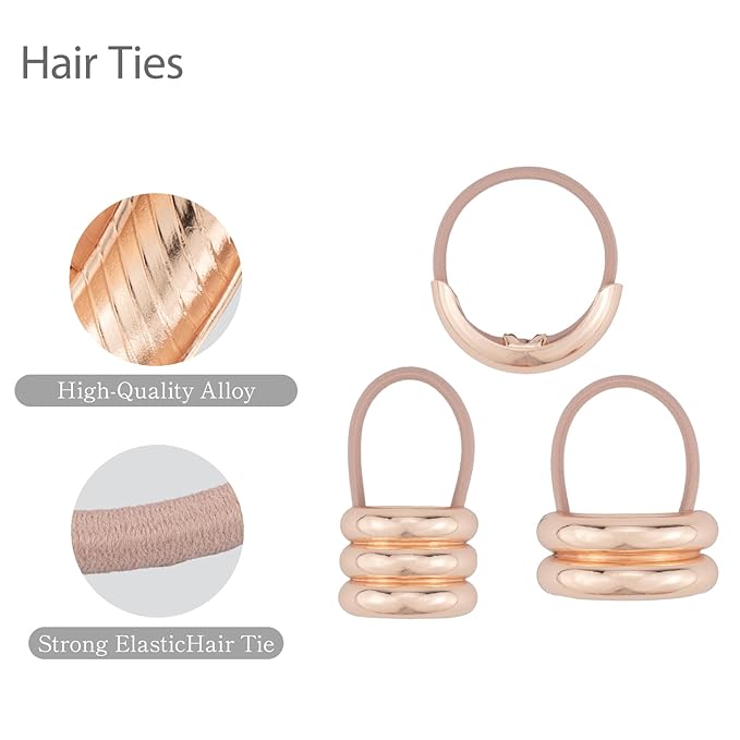 3PCS Rose Gold Geometric Hair Ties - Polished Metal Hair Cuffs, Non-Damage Ponytail Holders for Stylish Hairstyles