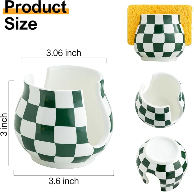 Zoeeker Kitchen Sponge Holder for Sink, Ceramic Checkered Sponge Organizer - Image 2
