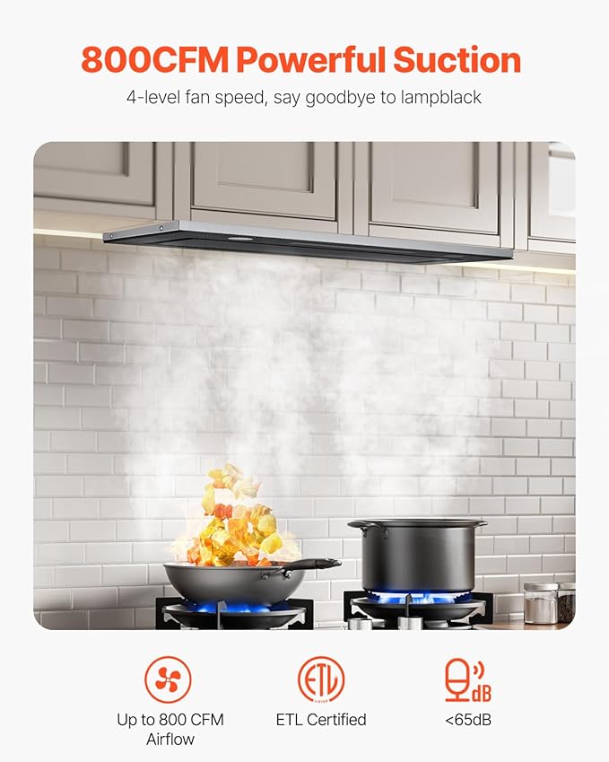VEVOR Range Hood Insert, 30 Inch Built-in Kitchen Vent Hood, 800CFM Stainless Steel Stove Hood with Gesture & Touch Control, LED Light, Baffle Filters, 4-Speed Exhaust Fan, Ducted/Ductless Convertible