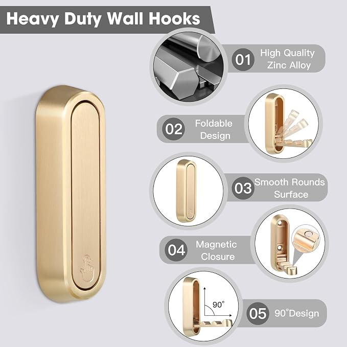Folding Coat Hooks, 6 Pack, Wall Hook, Hanging Towels Clothes Bag | 90° - Image 2
