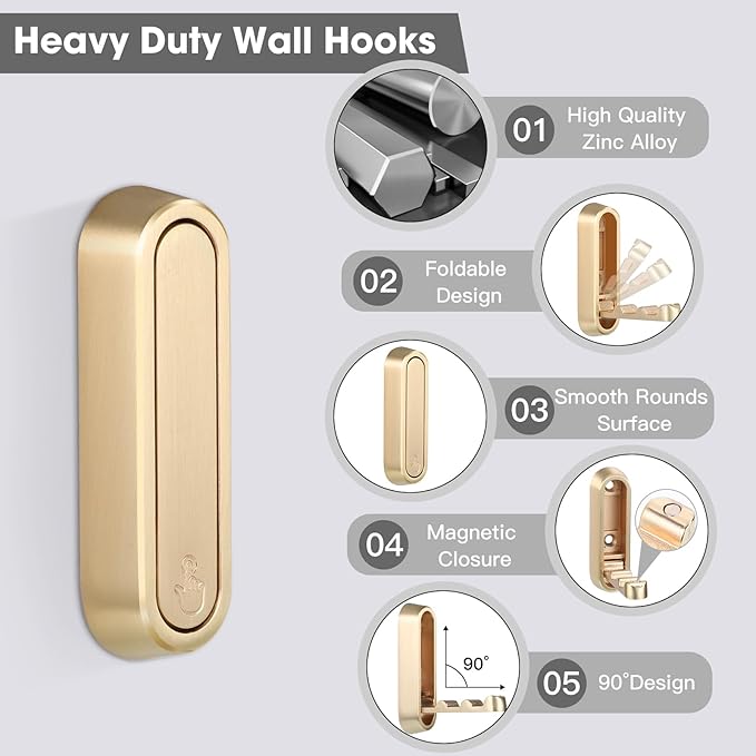 Foldable Wall Hook, 4 Pack, Screw Mounted, Heavy Duty Coat Hooks | 90° Foldable - Image 3