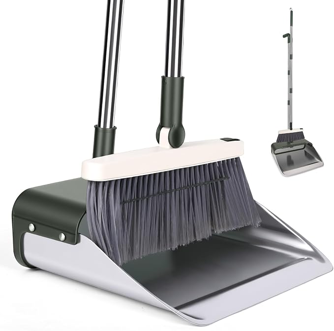 Broom with Dustpan Combo Set, Lightweight Standing Metal Dust Pan with Teeth by Unknown