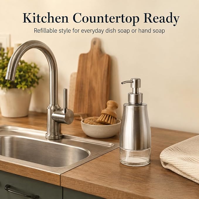 Non-Slip Soap Dispenser with Brushed Nickel Stainless Steel Case, Glass Liner - Image 4