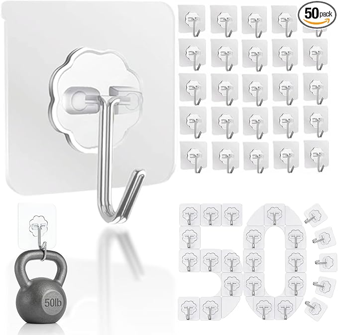 DDMY Hooks for Hanging, 50 Pack Wall Hooks 50lb Transparent Reusable Waterproof by DDMY