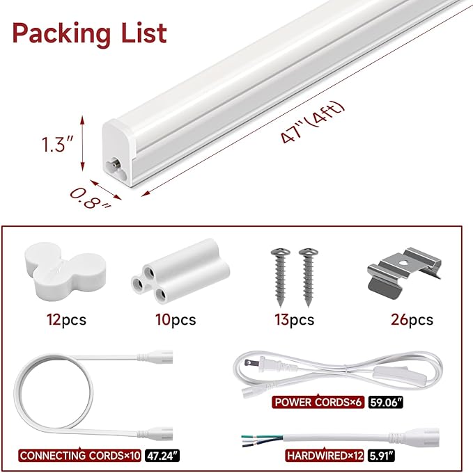 12 Pack 4FT T5 LED Shop Light, 20W, 5000K 2200LM, Linkable Utility Fixture for Under Cabinet, Kitchen, Garage, Basement, Workshop Lighting, Easy Installation, Plug & Play